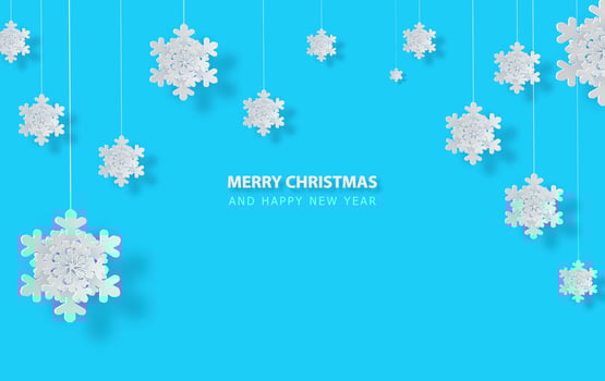 Paper art and craft style of Merry Christmas and Happy New Year. paper snowflakes hanging on blue background. Winter holiday modern banner. Seasonal nature cold winter Background with Snowflakes. vector