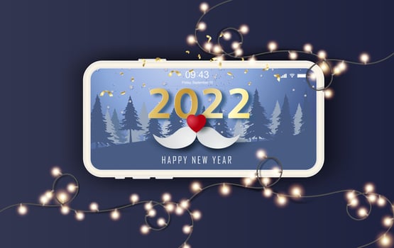 Christmas and 2022 New Year horizontal banner. Smartphone shopping online background with Mustache red heart. Paper cut and craft style. winter season. Light bulbs vintage glowing decorate background vector