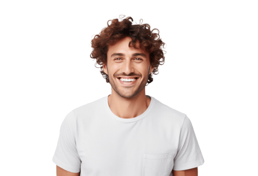 A curly haired man smiling against a white background png