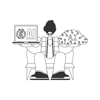 A cartoon man sitting on a chair with a laptop and a brain vector