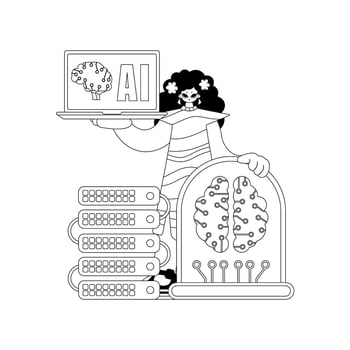 A cartoon character holding a laptop and a computer vector
