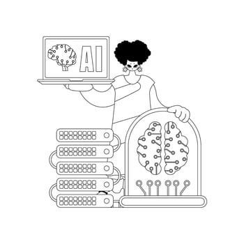 A cartoon man holding a laptop and a computer vector