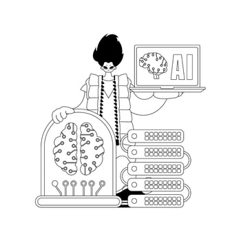A black and white drawing of a man holding a laptop and a computer vector