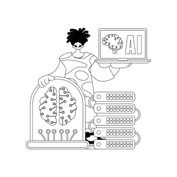 A cartoon man holding a computer and a brain vector