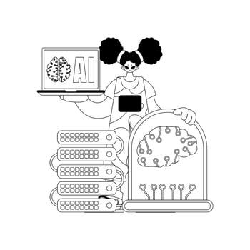 Girl holds AI model in her hands, illustration vector