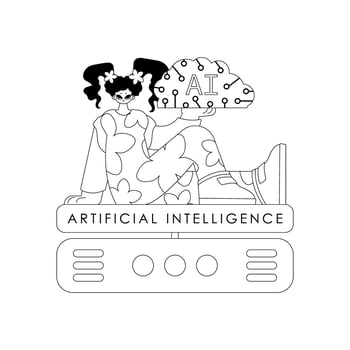 Girl and AI server, AI theme portrayed in linear vector style