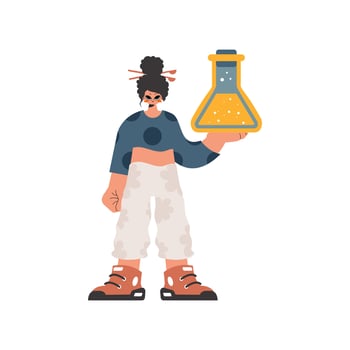 Energized lady holding a chemical daze, pulled back on white foundation. Trendy style, Illustration vector