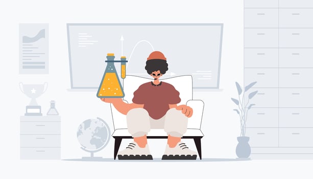 Person holding chemical carafe, learning subject. Trendy style, Illustration vector