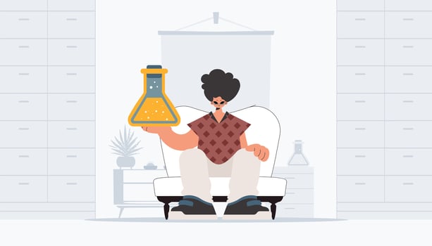 Individual holding chemical carafe, learning subject. Trendy style, Illustration vector