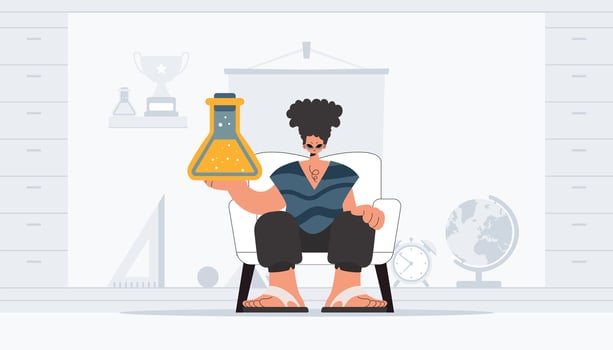 Person holding chemical carafe, learning subject. Trendy style, Illustration vector
