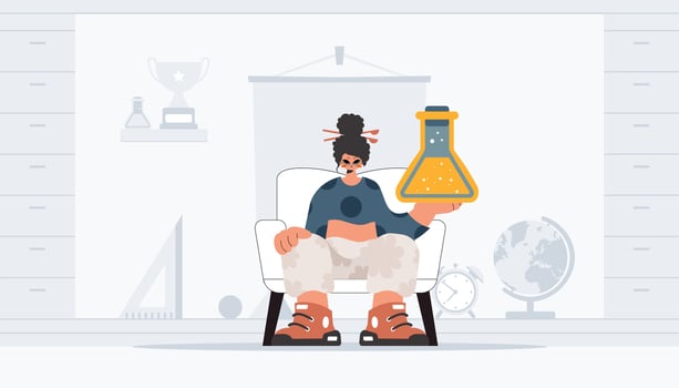Exuberant lady holding chemical carafe, learning point. Trendy style, Illustration vector