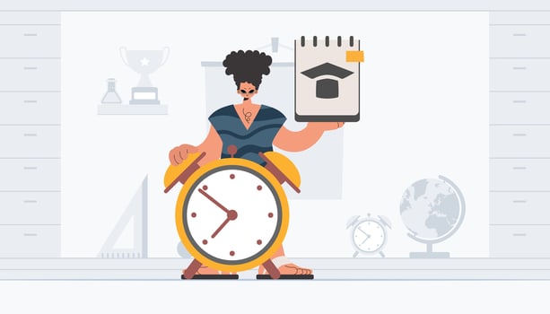 A cartoon man holding a clock and a book vector