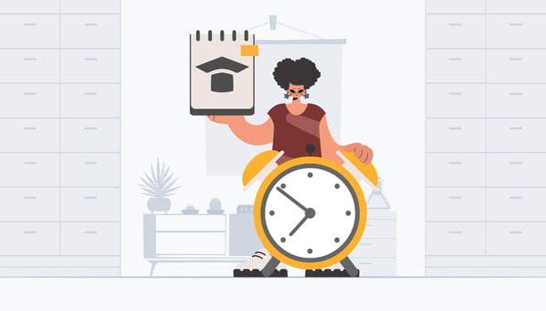 A man holding a clock and a paper with a house on it vector