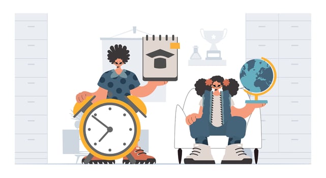 Person and energized lady school understudies, analyzing to start with school subjects. Trendy style, Vector Illustration