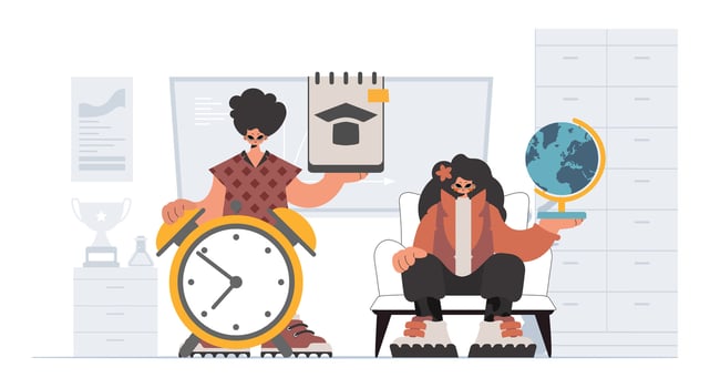 Person and energized lady school understudies, analyzing to start with school subjects. Trendy style, Vector Illustration