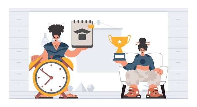 A cartoon illustration of a woman holding a clock and a cup vector