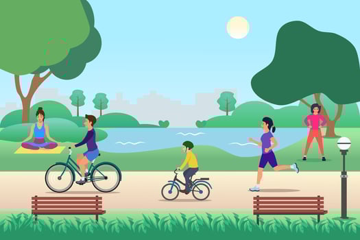 Park activities. Outdoor sport workout and healthy lifestyle, people running, riding bicycle, exercise, yoga, and jogging. vector