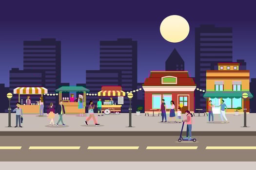 Night market, Summer fest, food street fair illustration. Night market with crowd of people in the city. vector