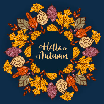 Hello, Autumn. Wreath made of colorful modern autumn leaf. Maple and rowan, ginkgo biloba, Codiaeum, lilac, linden and oak, elm and poplar. sketch style. Frame for stickers, posters, postcards vector