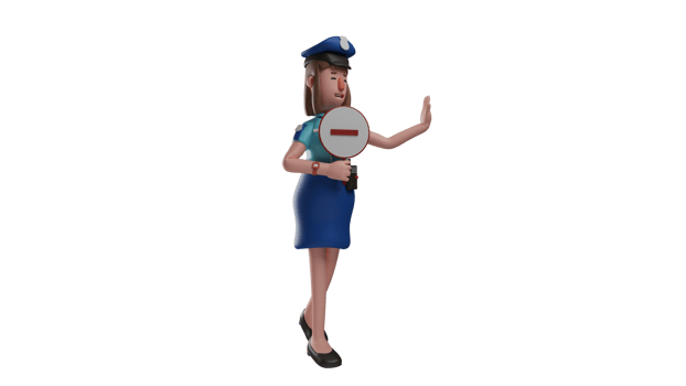 3D illustration. Firm police woman 3D cartoon character. A police woman in full uniform is carrying out her duties. A police woman poses to stop someone by extending her hand. 3D cartoon character png