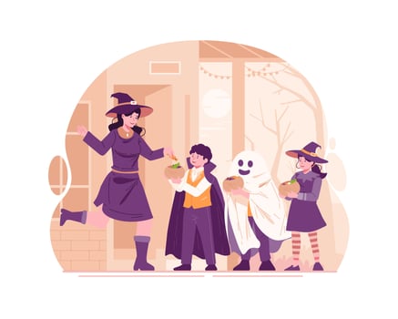 A Young Woman Dressed as a Witch Hands Out Candy to Children Dressed in Halloween Costumes. Halloween Party and Trick or Treat Concept vector
