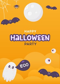 Halloween vector flat flyer with ghost, bat and moon
