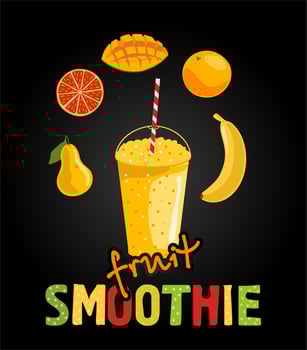 Fruits smoothie in disposable plastic cups with a sphere dome and a straw tube. Fruit smoothie or milkshake with vitamin rich fruit vector