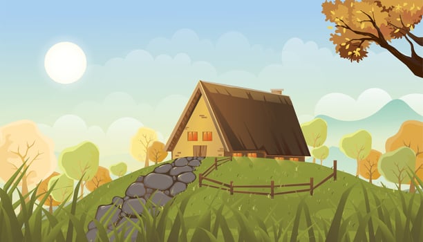 Spring background with Blue sky and Cloud,Vector cartoon Village in  Summer landsacape farm house,green grass field,flower,meadow on hill with forest tree and mountain,Nature rural scenein countryside vector