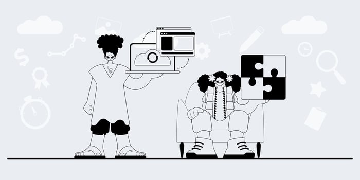 A team that specializes in SEO . trendy exemplar in a analogue manner. Trendy style, Vector Illustration