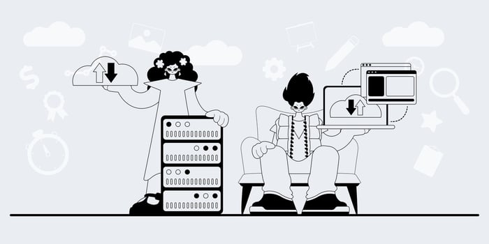 A man and woman are sitting on a chair with a computer vector