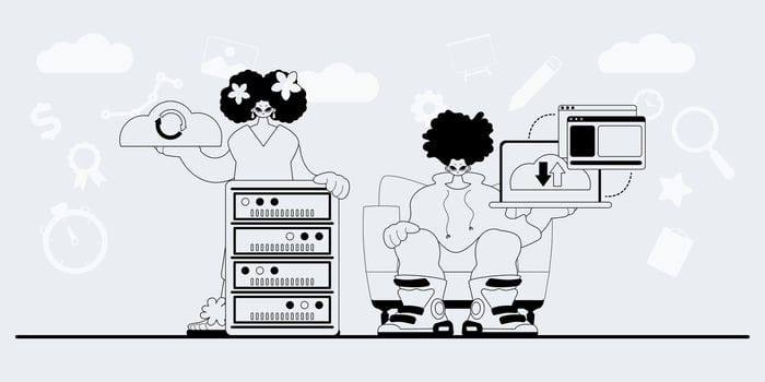 Two people are sitting on a desk with a computer vector