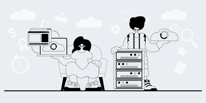 Two people are sitting in front of a computer with a stack of computers vector