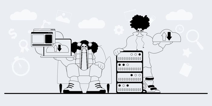 Two people are sitting in front of a computer vector