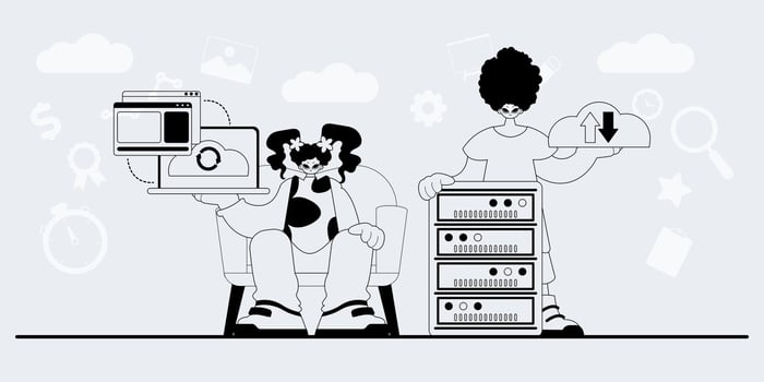 A cartoon illustration of two people sitting on a computer vector