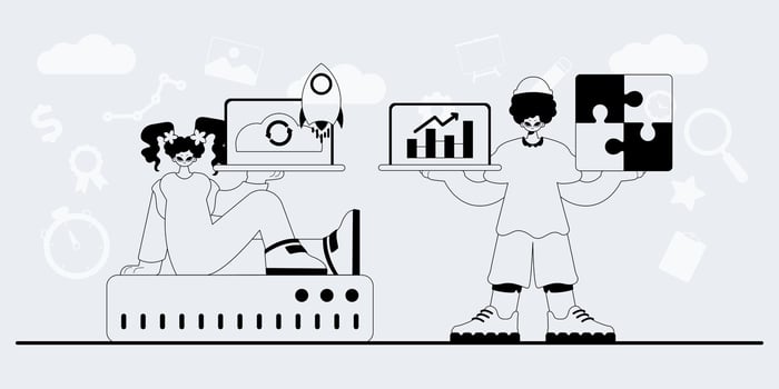 Two people are holding up a laptop and a tablet vector
