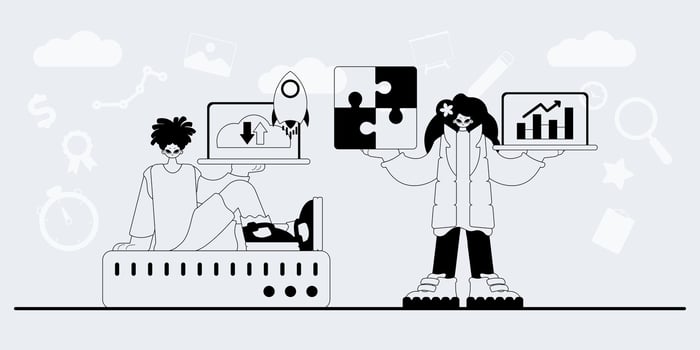 Two people are holding up a laptop and a tablet vector