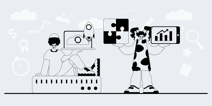 A cartoon illustration of a man and woman holding up a laptop vector
