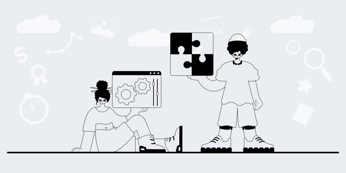 Two people are holding a puzzle piece and a computer vector