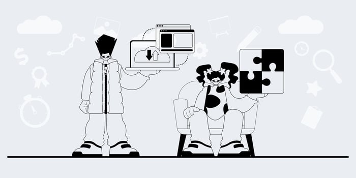 A cartoon of two people holding up puzzle pieces vector