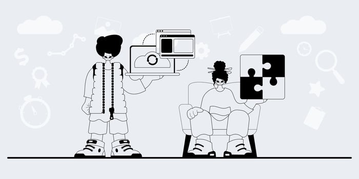 Two people are sitting in chairs with puzzle pieces on the table vector