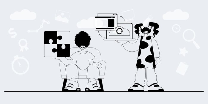 A cartoon of two people holding up a puzzle piece vector