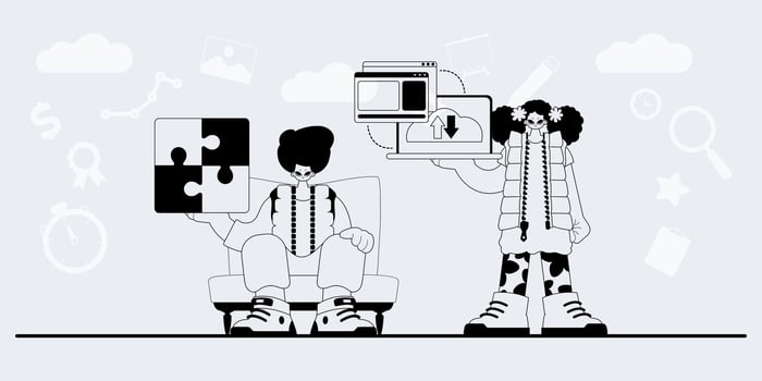 Two people are holding up pieces of puzzle vector