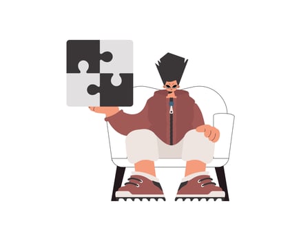 A man sitting on a chair holding a puzzle piece vector