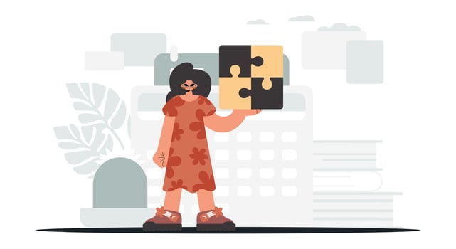 A woman holding a puzzle piece in front of a building vector