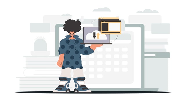 A man holding a laptop and standing next to a computer vector