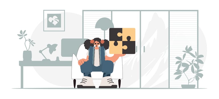 A man is sitting in front of a puzzle piece vector