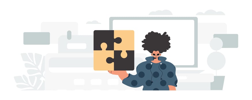 A man holding a piece of puzzle in front of a computer vector