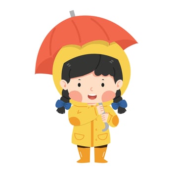 Kid girl in a yellow raincoat under umbrella vector