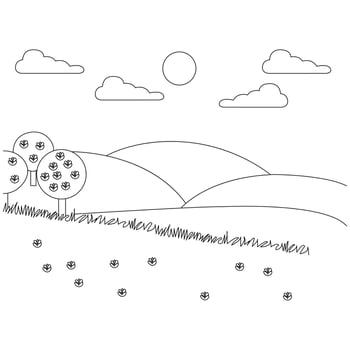 a coloring page with a field and trees vector