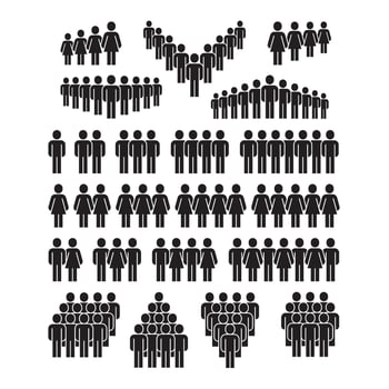 People icons. Man and woman group social pictograms, human crowd silhouette symbols. Business team simple black infographic signs isolated set vector